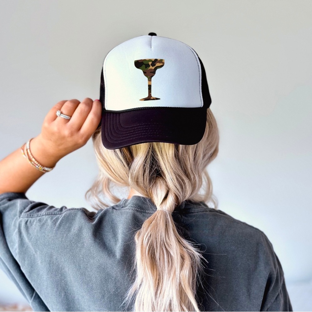 Camo Cocktails Trucker Hat – Black and White Trucker Hat with Camouflage Cocktai
